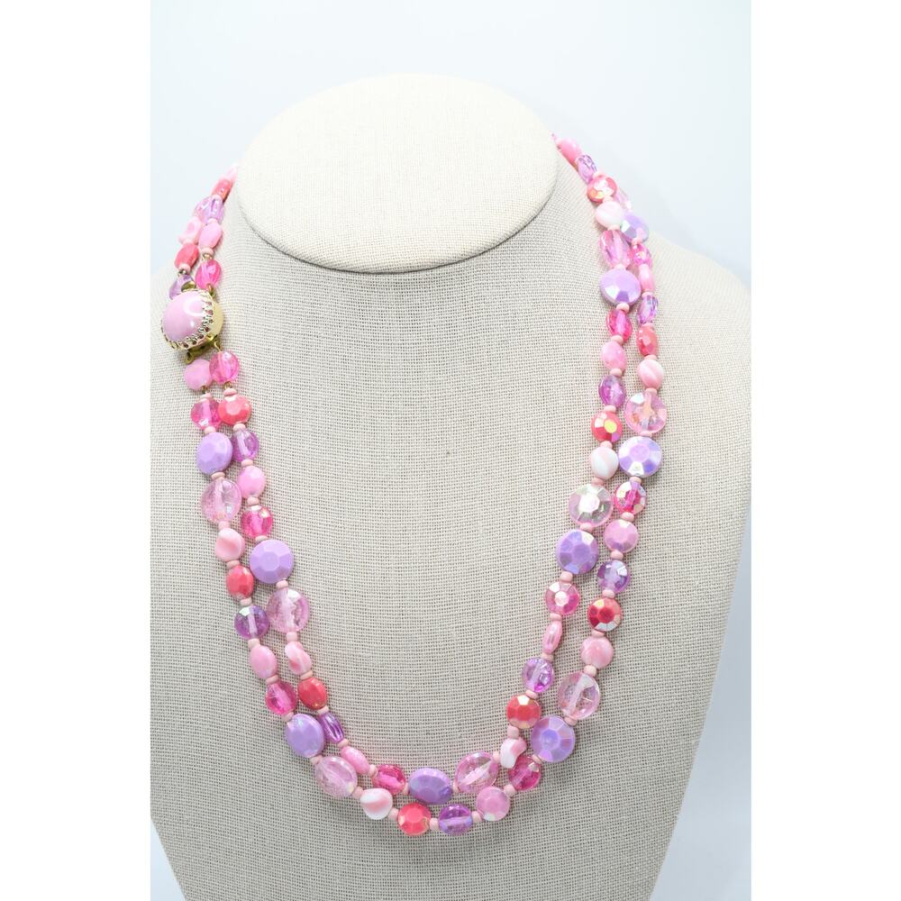 Vintage West Germany Pink Lucite Necklace Double Strand Faceted 20”